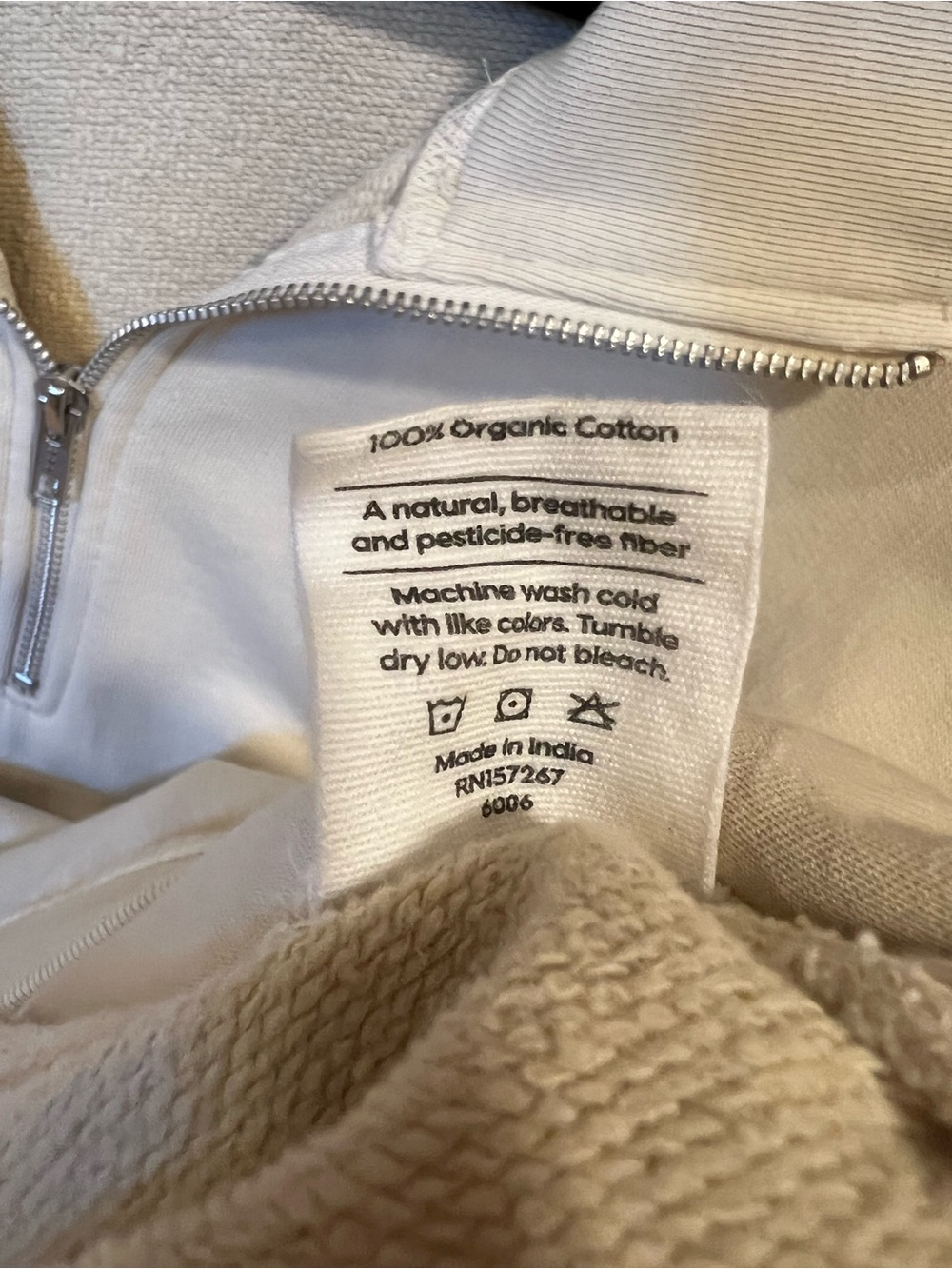 Mate the Label Organic Cotton Fleece Quarter Zip Sweatshirt Bone Size Small - Picture 6 of 6